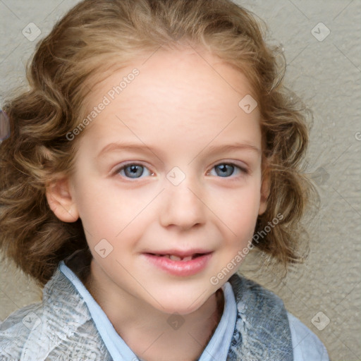 Joyful white child female with medium  brown hair and blue eyes