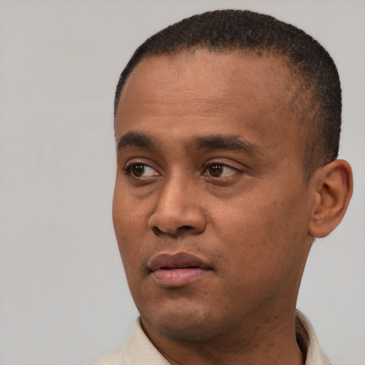 Neutral black young-adult male with short  black hair and brown eyes