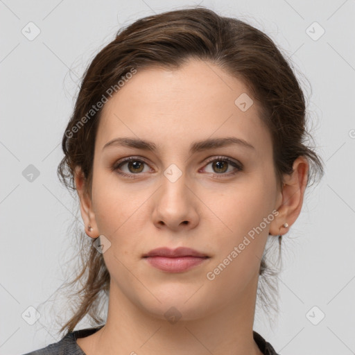 Neutral white young-adult female with medium  brown hair and grey eyes