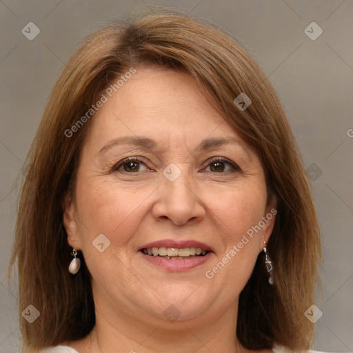 Joyful white adult female with medium  brown hair and brown eyes