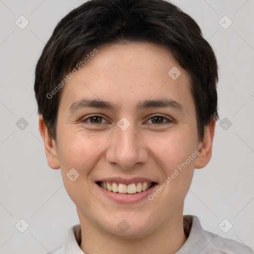 Joyful white young-adult female with short  brown hair and brown eyes