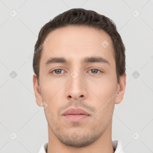 Neutral white young-adult male with short  brown hair and brown eyes