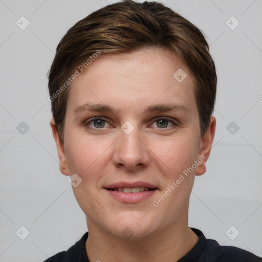 Joyful white young-adult female with short  brown hair and grey eyes