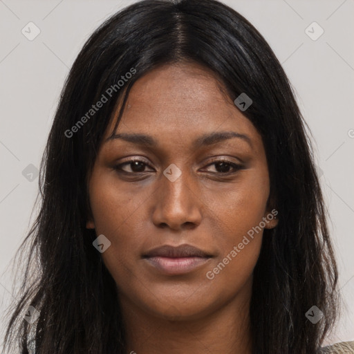 Joyful asian young-adult female with long  black hair and brown eyes