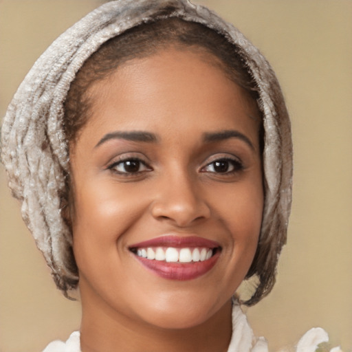 Joyful latino young-adult female with short  brown hair and brown eyes