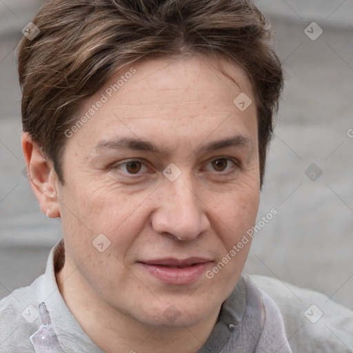 Joyful white adult male with short  brown hair and grey eyes