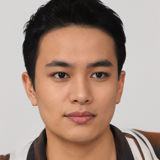 Neutral asian young-adult male with short  black hair and brown eyes