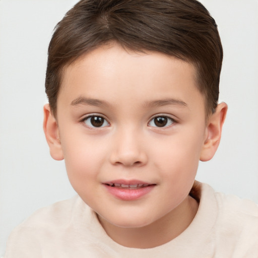 Joyful white child female with short  brown hair and brown eyes