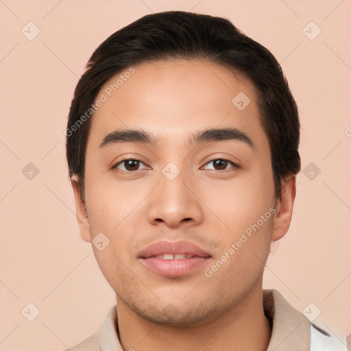 Joyful white young-adult male with short  brown hair and brown eyes