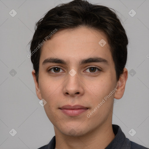 Neutral white young-adult male with short  brown hair and brown eyes