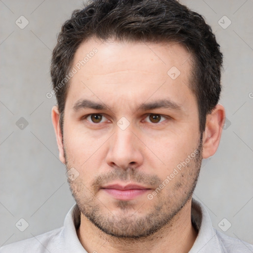 Neutral white young-adult male with short  brown hair and brown eyes