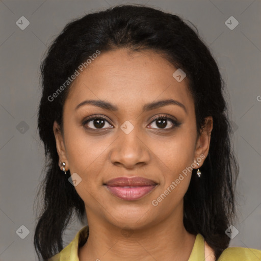 Joyful black young-adult female with medium  brown hair and brown eyes