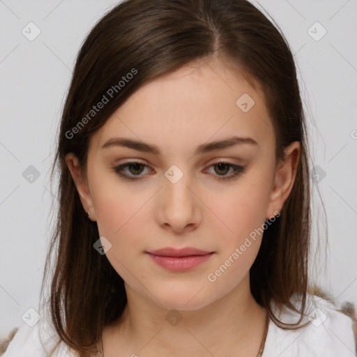 Neutral white young-adult female with medium  brown hair and brown eyes