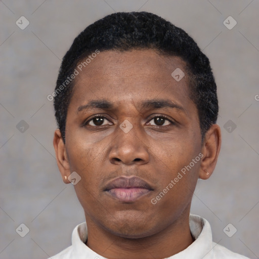 Neutral black young-adult male with short  black hair and brown eyes