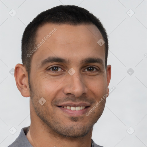 Joyful white young-adult male with short  brown hair and brown eyes