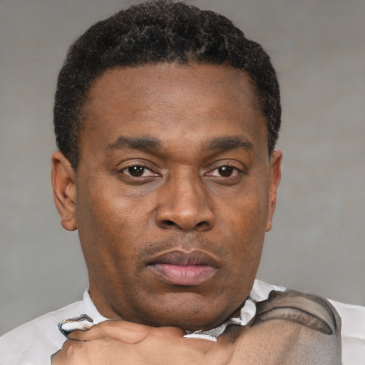 Neutral black adult male with short  brown hair and brown eyes