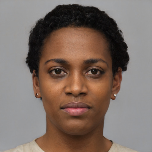 Neutral black young-adult female with short  black hair and brown eyes