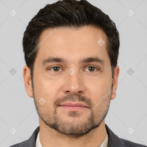 Neutral white young-adult male with short  brown hair and brown eyes