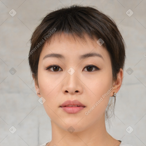 Neutral asian young-adult female with short  brown hair and brown eyes