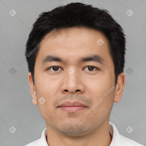 Neutral asian young-adult male with short  black hair and brown eyes