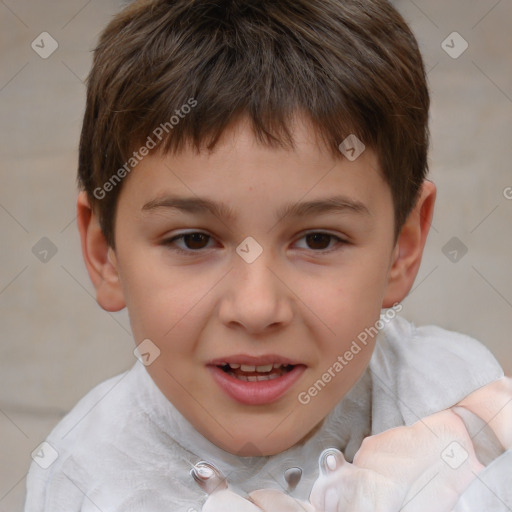 Joyful white child male with short  brown hair and brown eyes