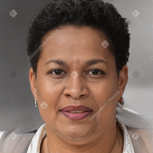 Joyful black adult female with short  brown hair and brown eyes