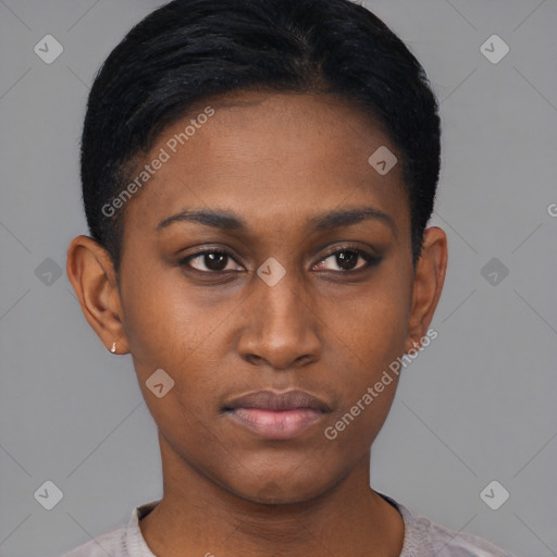 Neutral black young-adult female with short  black hair and brown eyes