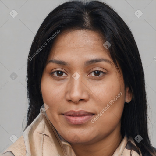 Joyful latino young-adult female with medium  brown hair and brown eyes