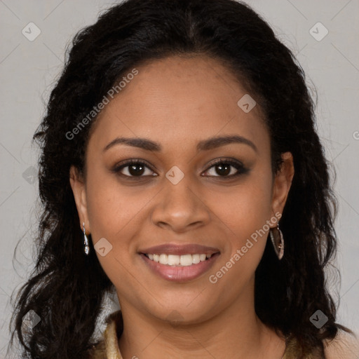 Joyful latino young-adult female with long  brown hair and brown eyes