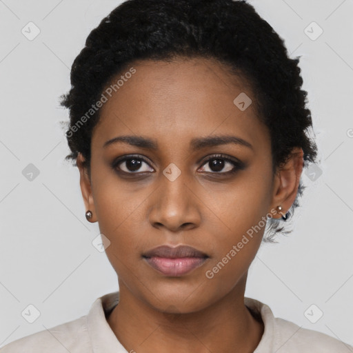 Neutral black young-adult female with short  black hair and brown eyes