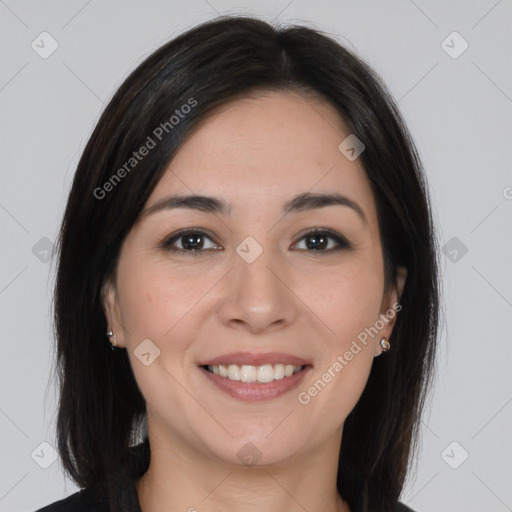 Joyful white young-adult female with long  brown hair and brown eyes