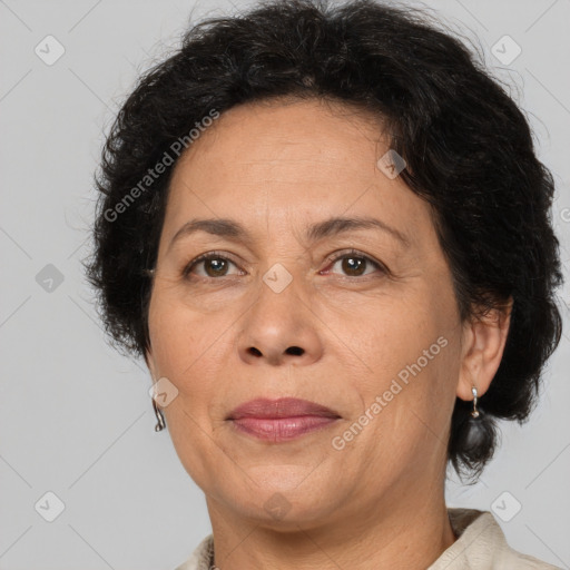 Joyful white adult female with short  brown hair and brown eyes