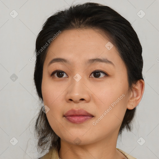 Joyful asian young-adult female with medium  brown hair and brown eyes