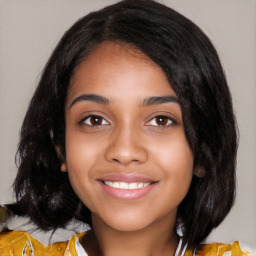 Joyful latino young-adult female with medium  black hair and brown eyes