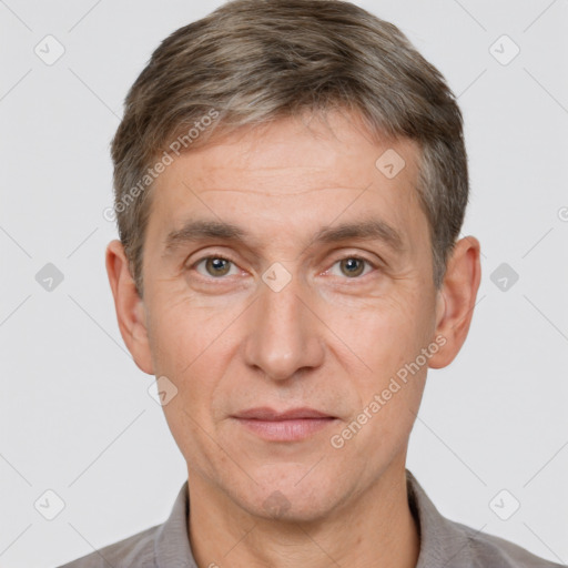 Neutral white adult male with short  brown hair and brown eyes