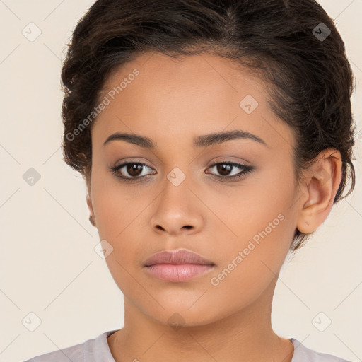 Neutral white young-adult female with medium  brown hair and brown eyes