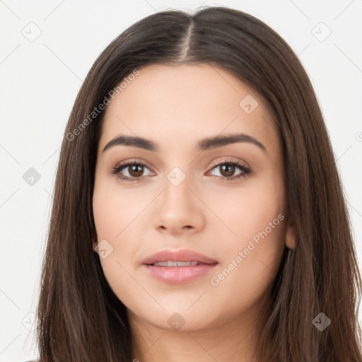 Neutral white young-adult female with long  brown hair and brown eyes