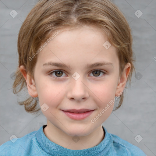 Joyful white child female with medium  brown hair and grey eyes