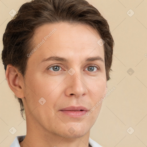 Neutral white adult male with short  brown hair and grey eyes