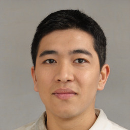 Neutral asian young-adult male with short  black hair and brown eyes