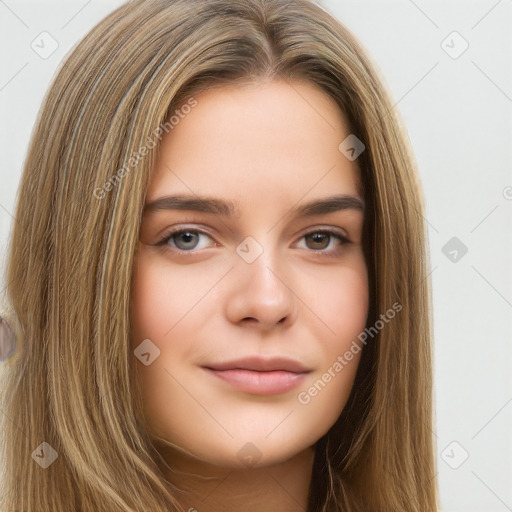 Neutral white young-adult female with long  brown hair and brown eyes