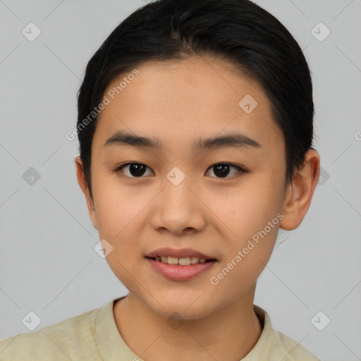 Joyful asian young-adult female with short  brown hair and brown eyes