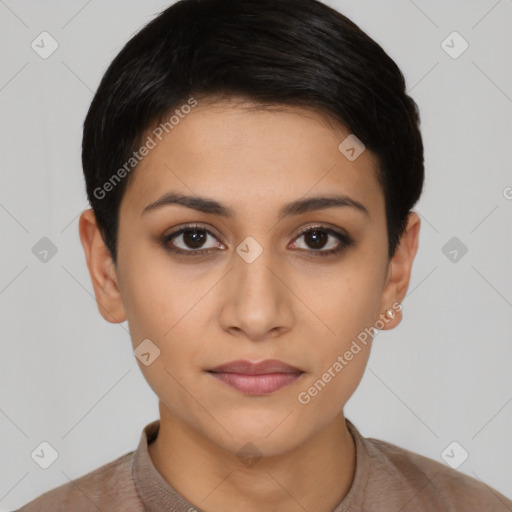 Joyful latino young-adult female with short  brown hair and brown eyes