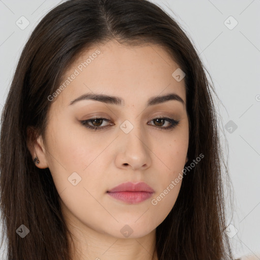 Neutral white young-adult female with long  brown hair and brown eyes