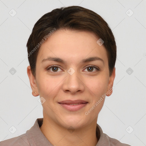 Joyful white young-adult female with short  brown hair and brown eyes