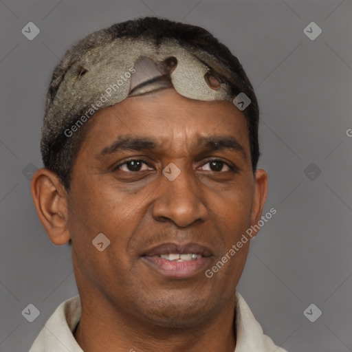 Joyful black adult male with short  brown hair and brown eyes