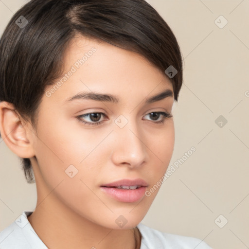 Neutral white young-adult female with medium  brown hair and brown eyes