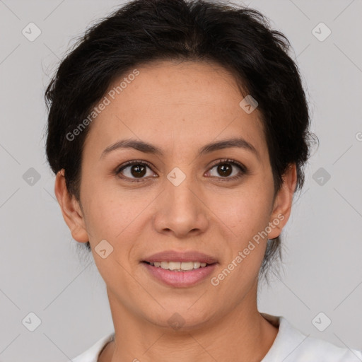 Joyful white adult female with short  brown hair and brown eyes