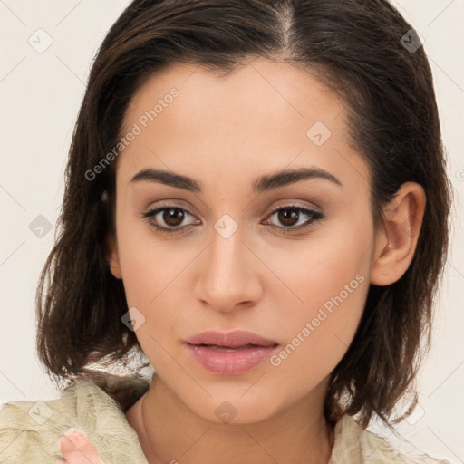 Neutral white young-adult female with medium  brown hair and brown eyes