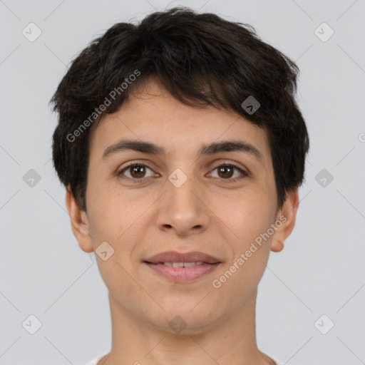 Joyful white young-adult female with short  brown hair and brown eyes